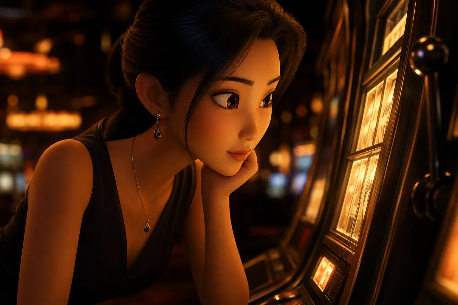 สล็อตแตกง่าย ได้เงินจริง 2026 — รวมเกม RTP สูง Jackpot ใหญ่ที่ต้องรู้ — หญิงสาวสไตล์ 3D พิกซาร์จ้องพินิจเครื่องสล็อตอย่างตั้งใจ แสดงถึงการสำรวจความจริงเบื้องหลังสล็อตแตกง่าย