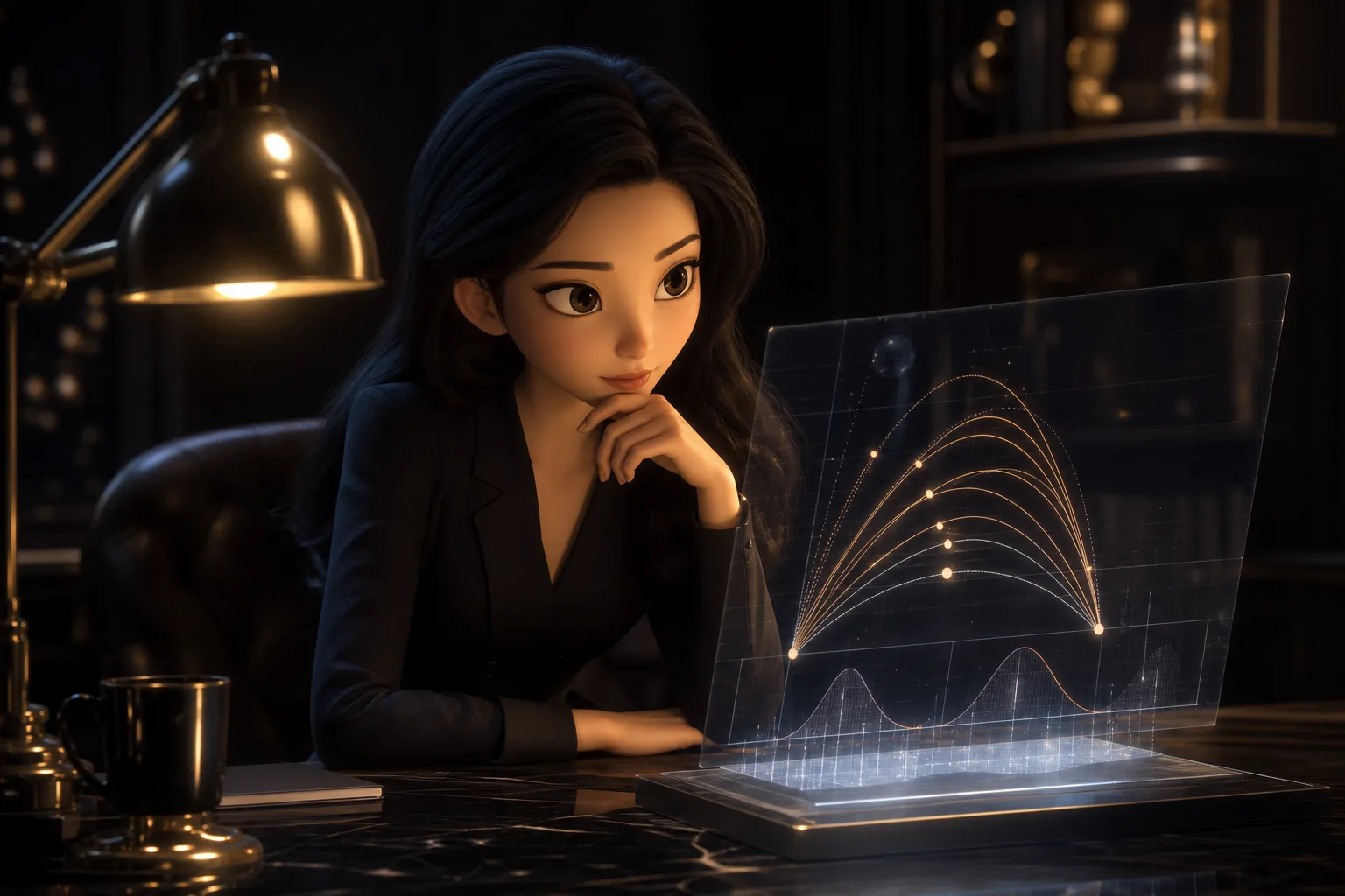 หญิงสาวสไตล์ 3D พิกซาร์ศึกษาจอโฮโลแกรมแสดงกราฟ RTP ในบรรยากาศห้องทำงานหรูมืดสไตล์คาสิโน