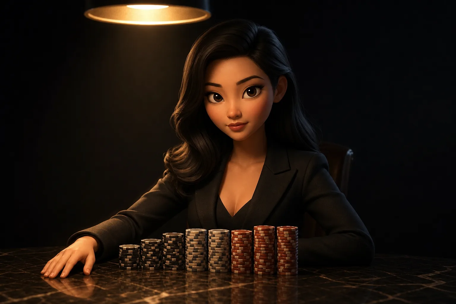 หญิงสาวสไตล์ 3D พิกซาร์นั่งบริหารชิปคาสิโนอย่างสงบและมีวินัย สื่อถึงการบริหารทุนแบบมืออาชีพ