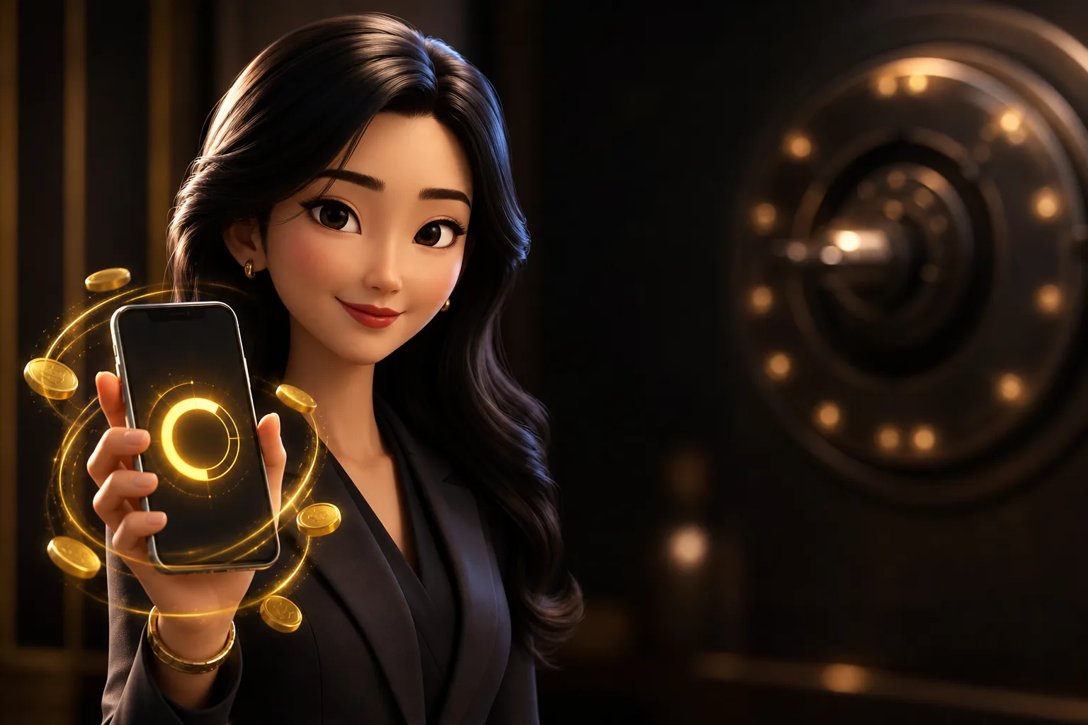 หญิงสาวสไตล์ Pixar ถือสมาร์ทโฟนพร้อมแสงวงกลมและเหรียญทองล้อมรอบ สื่อถึงการโอนรวดเร็ว