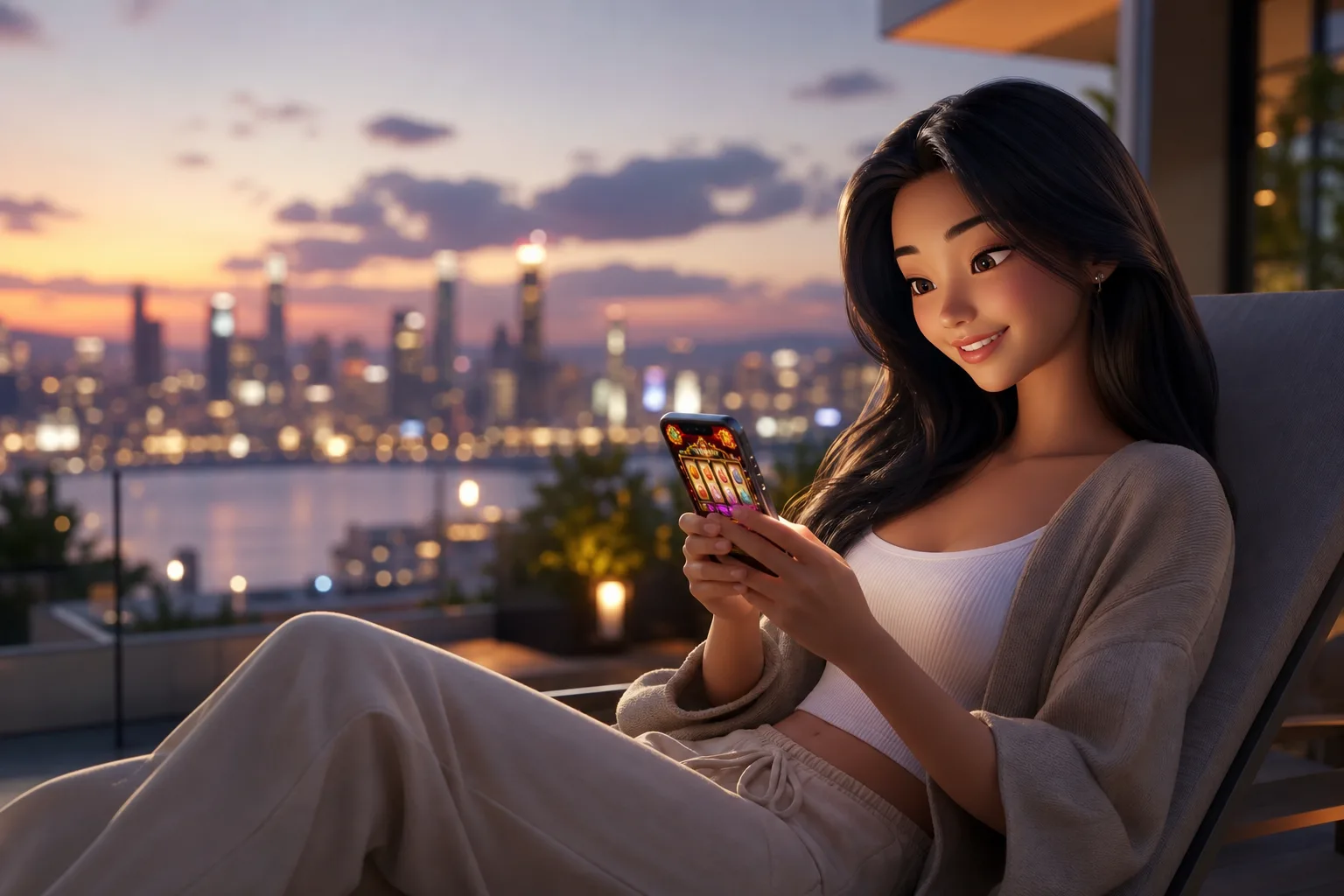 หญิงสาวสไตล์ Pixar เล่นสล็อตบนสมาร์ทโฟนบนดาดฟ้าพร้อมวิวเมืองยามค่ำ