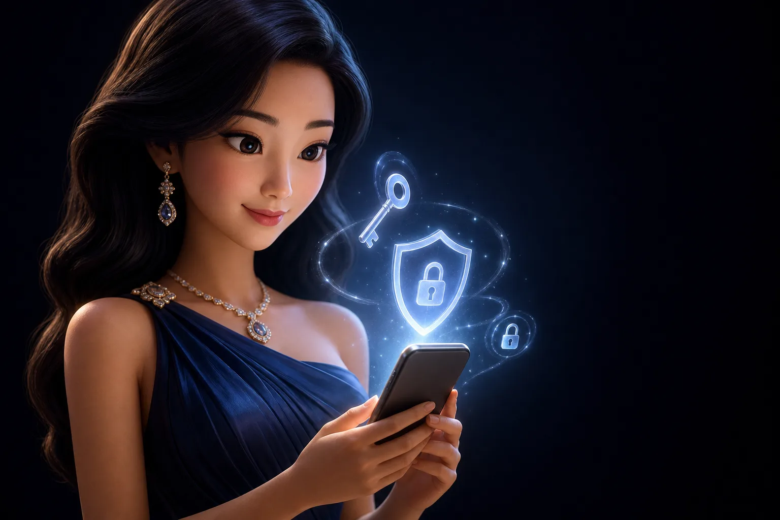 หญิงสาวสไตล์ 3D พิกซาร์ถือสมาร์ตโฟนพร้อมโล่ความปลอดภัย 2FA เรืองแสงอ่อน