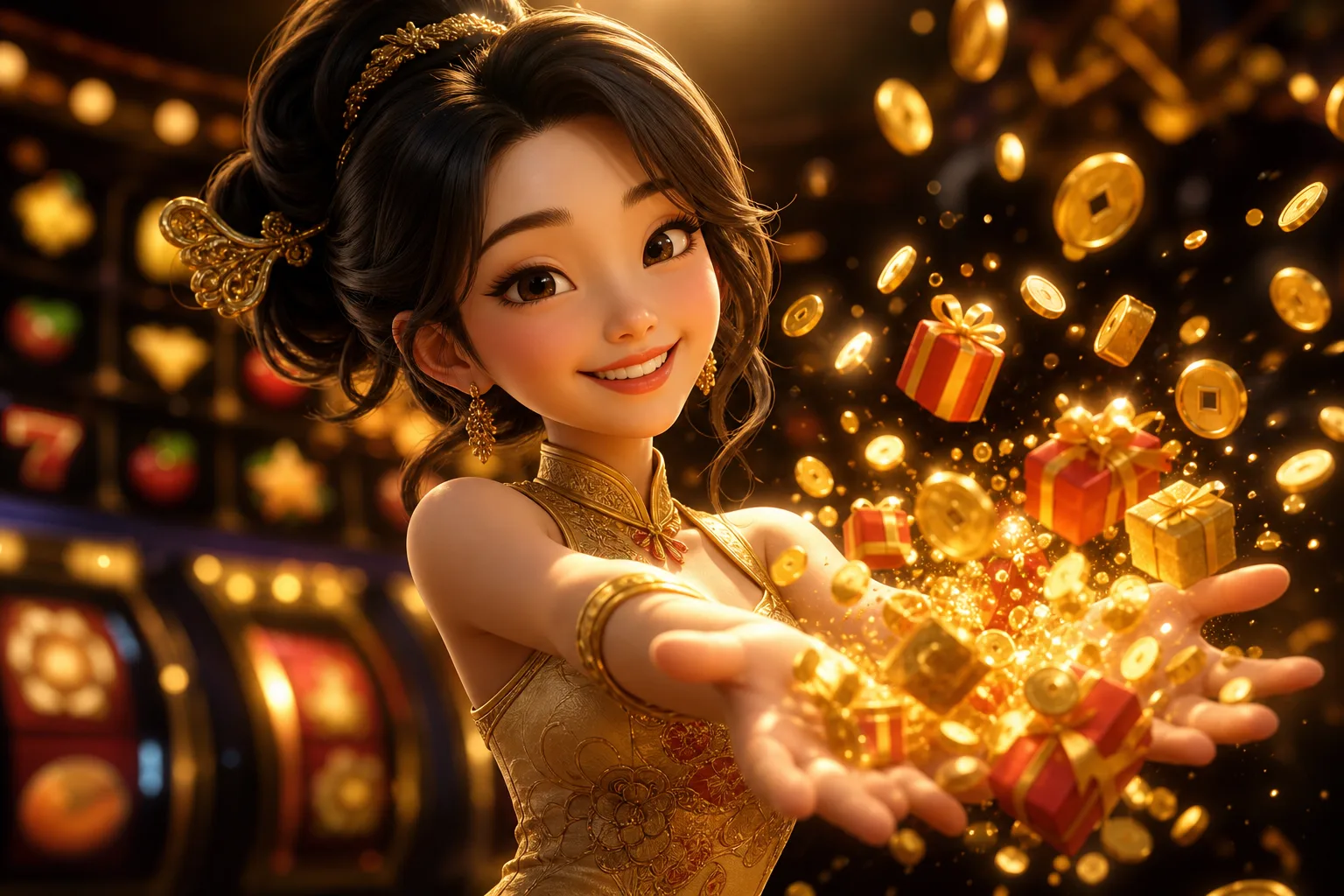 หญิงสาวสไตล์ Pixar ยิ้มรับเหรียญทองและของขวัญโบนัสต้อนรับในบรรยากาศคาสิโนหรู