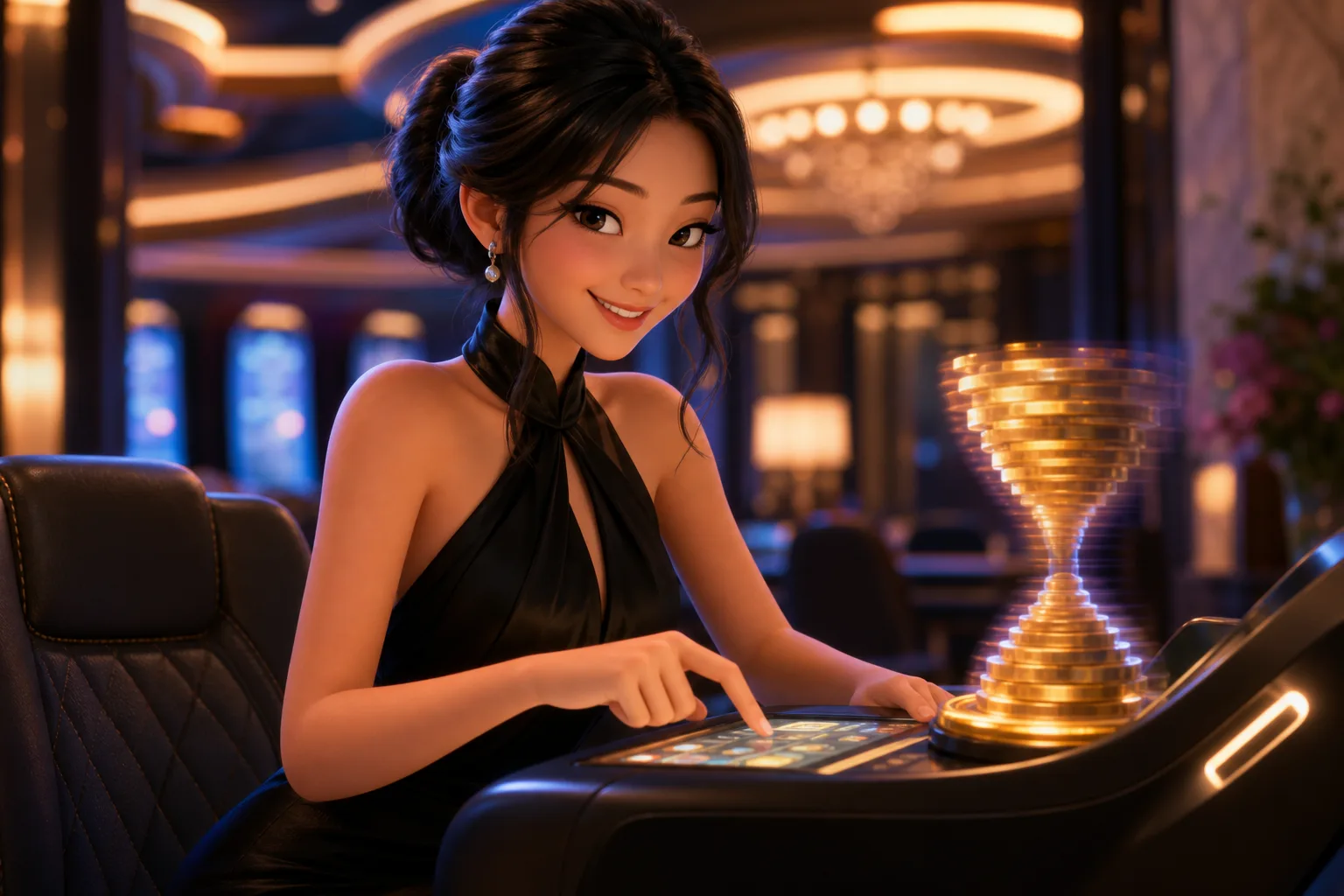 หญิงสาวสไตล์ Pixar กดหน้าจอเกมด้วยรอยยิ้มมั่นใจ พร้อมโบนัสรีโหลดสะสมข้างๆ ในห้องคาสิโนมืดหรู