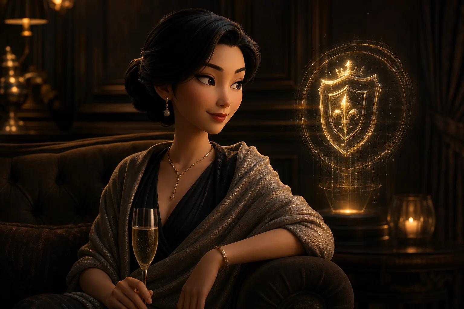 หญิงสาวสไตล์ Pixar นั่งสง่างามในห้อง VIP หรูหรา พร้อมตราสัญลักษณ์ VIP เรืองแสงลอยอยู่ข้างๆ